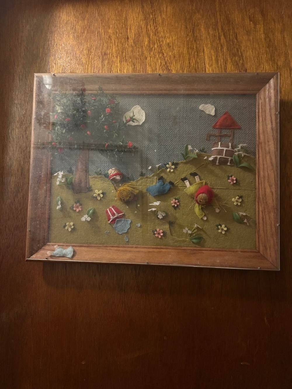 Vintage Brown Framed Needlework Wall Art with Multicolor Felt Figures